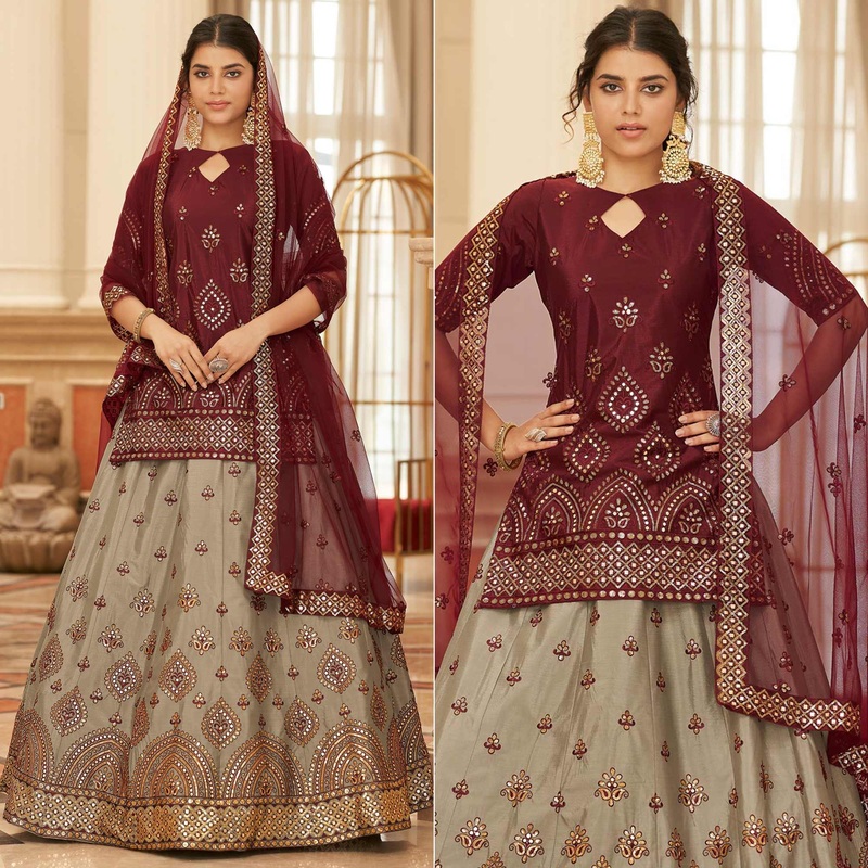 Beige Sequins Embroidered Chiffon Lehenga Choli - JK6457814221