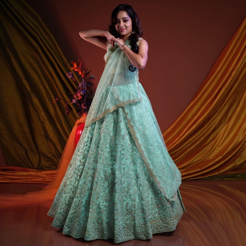 Aqua Blue Embroidered Netted Lehenga Choli - JK6457812281