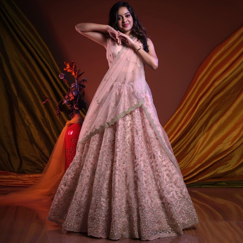 Baby Pink Embroidered Netted Lehenga Choli - JK6457812280