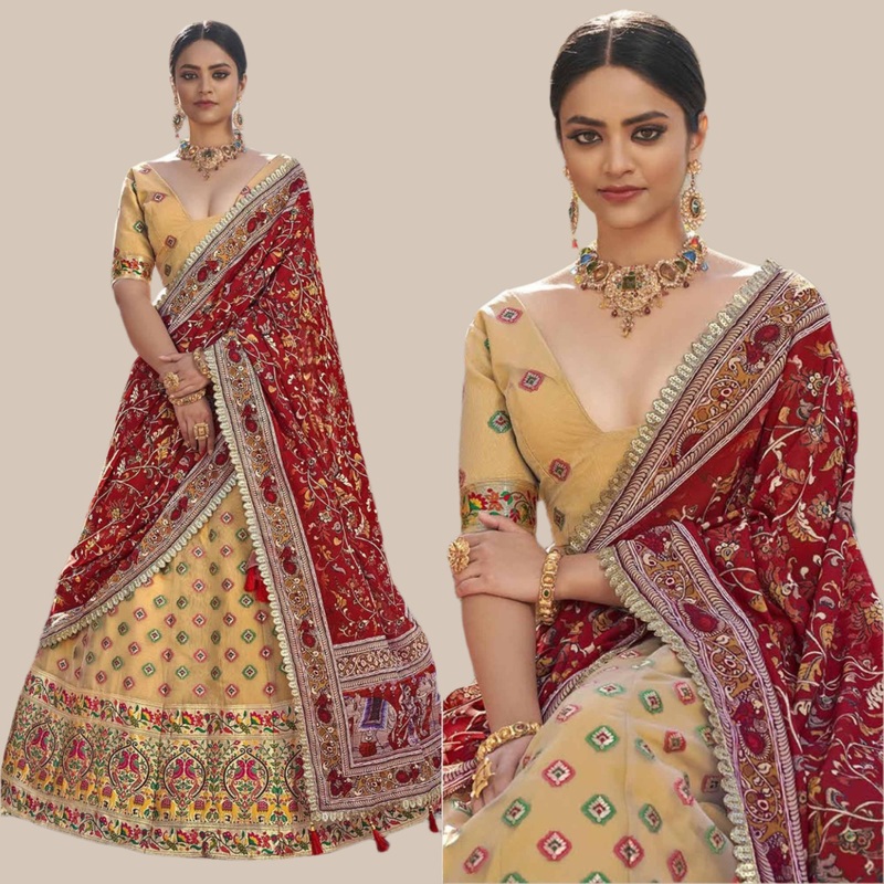 Beige Printed Organza Lehenga Choli - JK6457811271