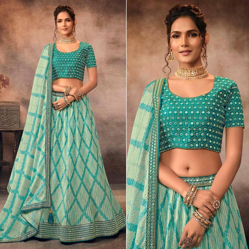 Aqua Blue Digital Printed-Embellished Chiffon Lehenga Choli - JK6457810711