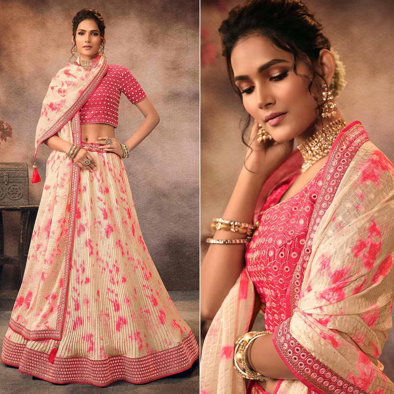 Beige Digital Printed-Embellished Chiffon Lehenga Choli - JK6457810710