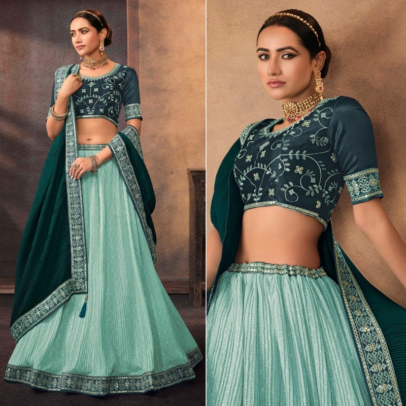 Aqua Blue Embroidered Chiffon Lehenga Choli - JK6457809788