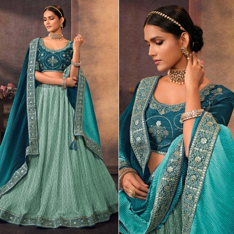 Aqua Blue Embroidered Chiffon Lehenga Choli - JK6457809792