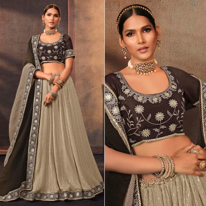 Beige Embroidered Chiffon Lehenga Choli - JK6457809789