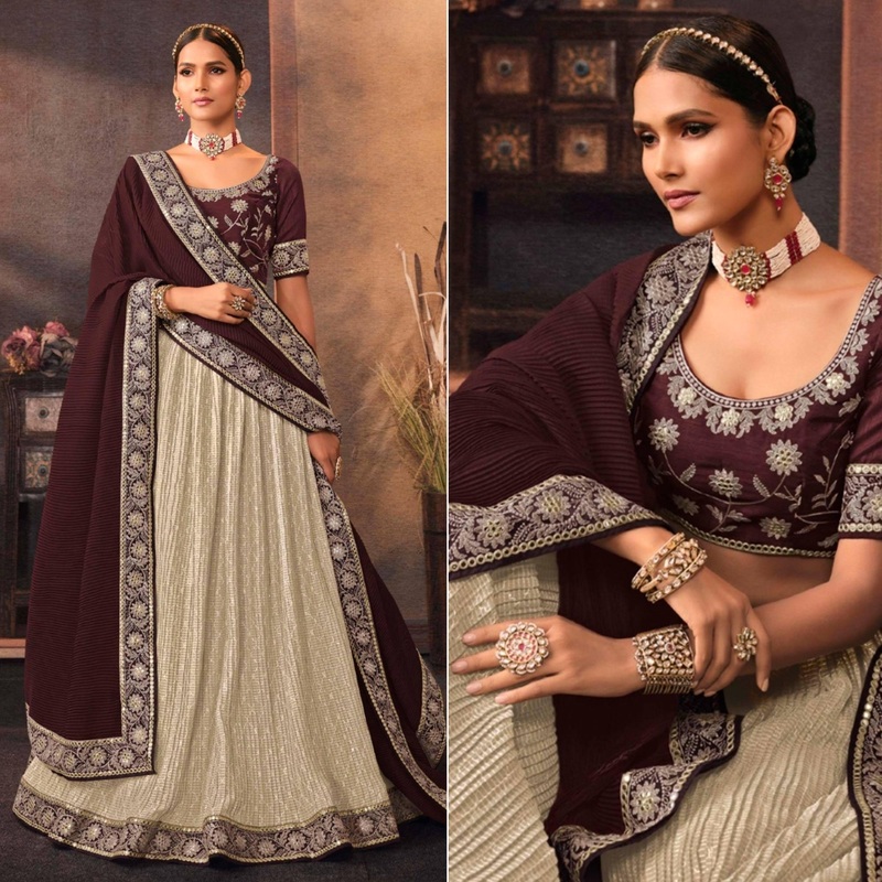 Beige Embroidered Chiffon Lehenga Choli - JK6457809795