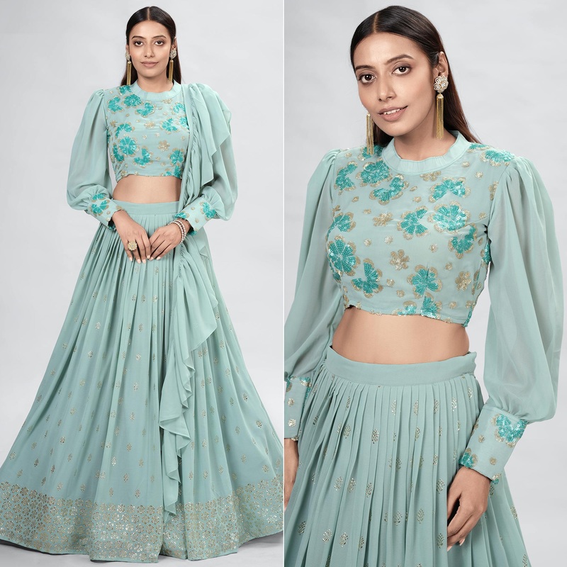 Aqua Green Embellished With Embroidered Georgette Lehenga Choli - JK6457806137
