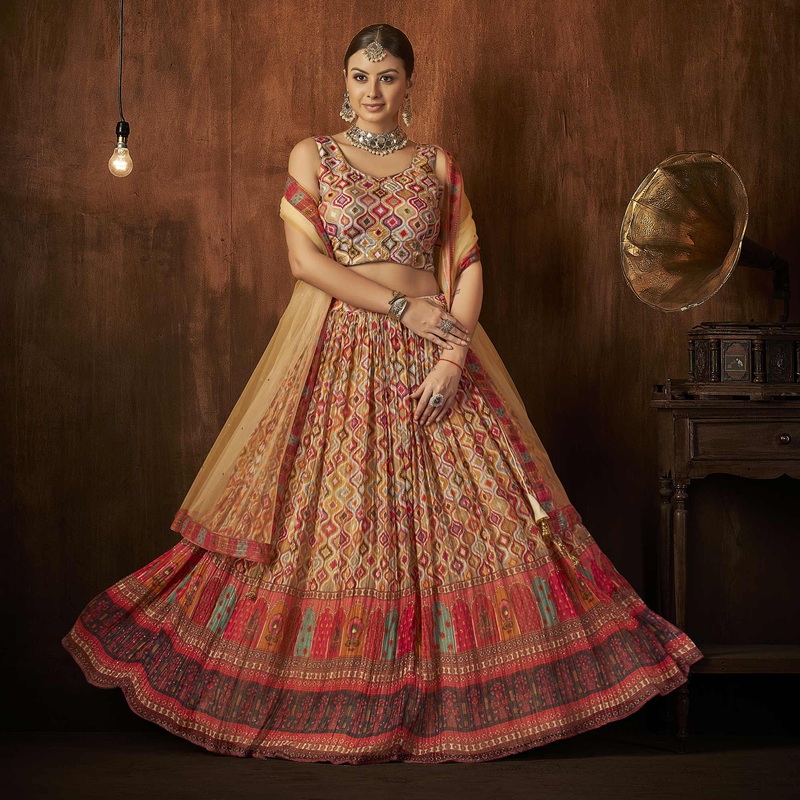 Beige Printed With Sequins Work Georgette Lehenga Choli - JK6457804722