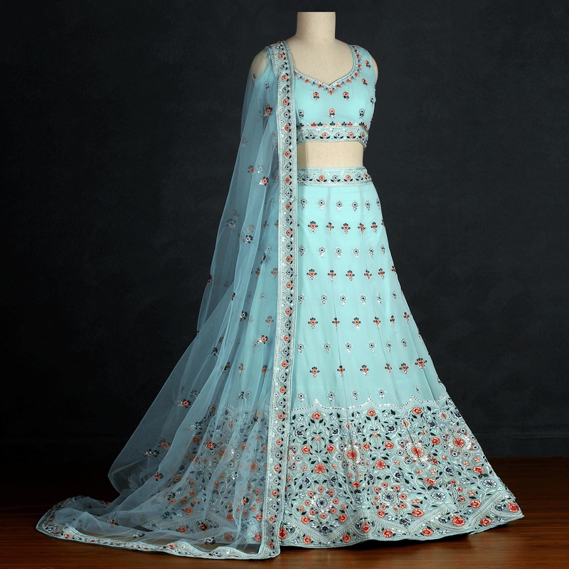 Aqua Blue Sequins Embroidered Georgette Lehenga Choli - JK6457803096