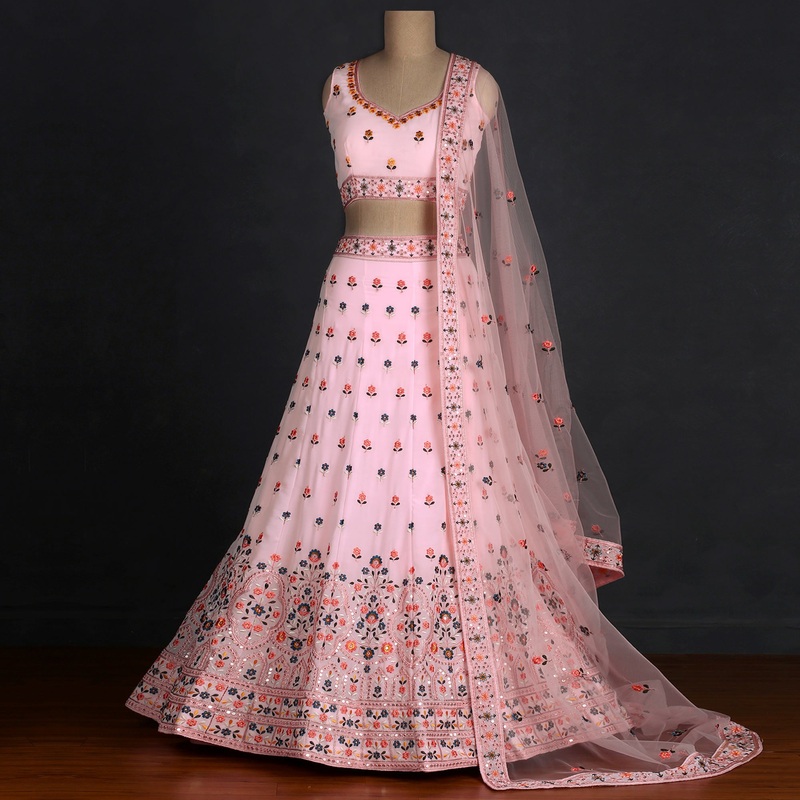 Baby Pink Sequins Embroidered Georgette Lehenga Choli - JK6457803095