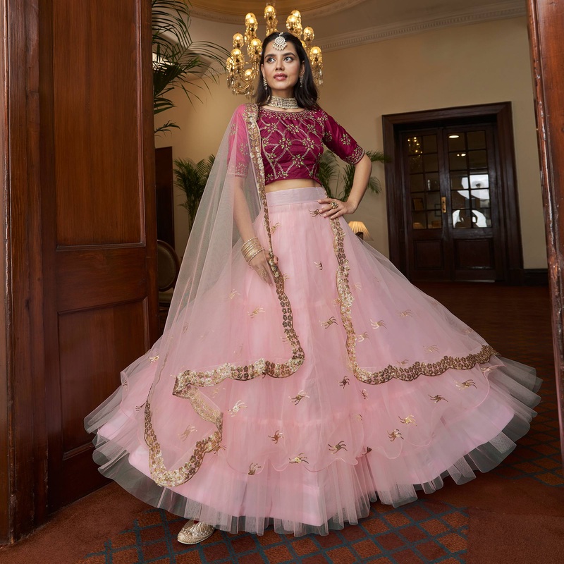 Baby Pink Sequins Embroidered Netted Lehenga Choli - JK6457801316